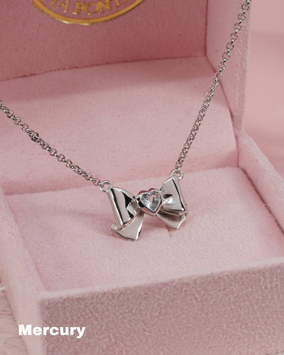 Sterling silver bow necklace · white heart zirconia · magical girl